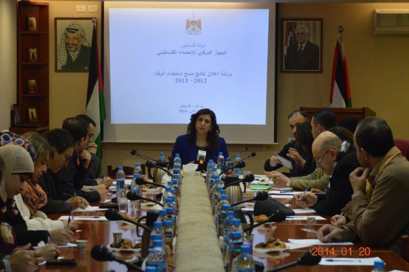 السيدة عوض، رئيس الإحصاء الفلسطيني تعلن نتائج مسح استخدام الوقت في فلسطين 2012/2013